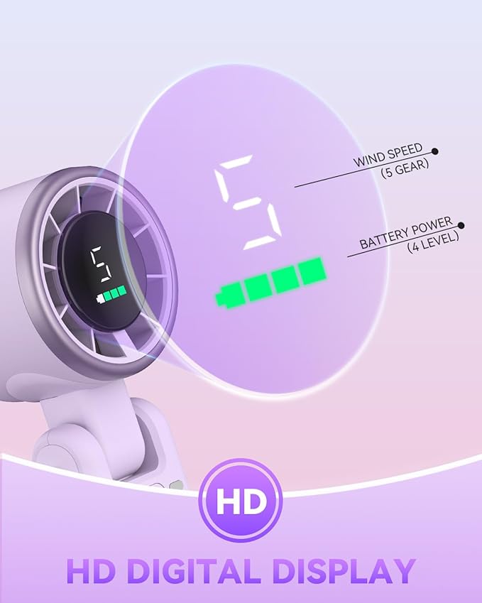 PlayHot Portable Handheld Turbo Fan, 5-Speed Personal Fans, 5000mAh Rechargeable Fans Up to 12 Hours, Weight only 0.6lb Small Fan, Hand/Neck/Desk Fan 3 IN 1, Beach Vacation Essentials(Purple)
