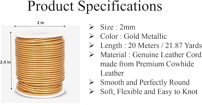GENIQUE Real/Genuine Round Leather String Cord for Necklace, Bracelets, Jewelry, Kumihimo Braiding, DIY Projects (20 Metres) (2mm, Gold Metallic)