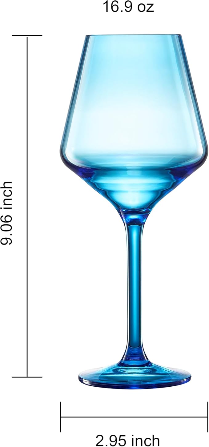 European Style Plastic Crystal Unbreakable Stemmed Wine Glasses | Set of 12 | Acrylic Glasses Tritan Bright Colors Shatterproof BPA-free, Outdoor, Pool, Indoor, Hand Wash 17oz Gift, Everyday & Holiday