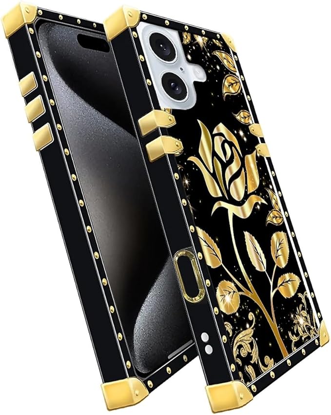 Compatible with iPhone 16 Case, Shine Gold Rose Luxury Golden Decoration for Girl Women Soft TPU Shockproof Protective Hard PC Back for iPhone 16