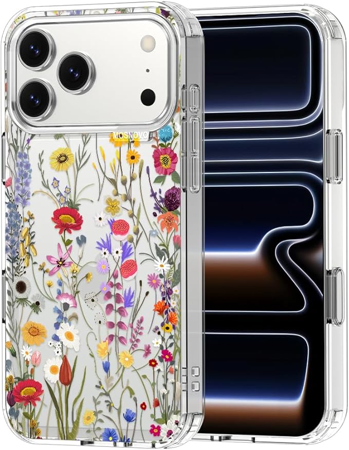 MOSNOVO for iPhone 17 Pro Max Case | Military Grade 6.6ft Drop Tested | Camera Control | Clear with Wildflower Meadow Design