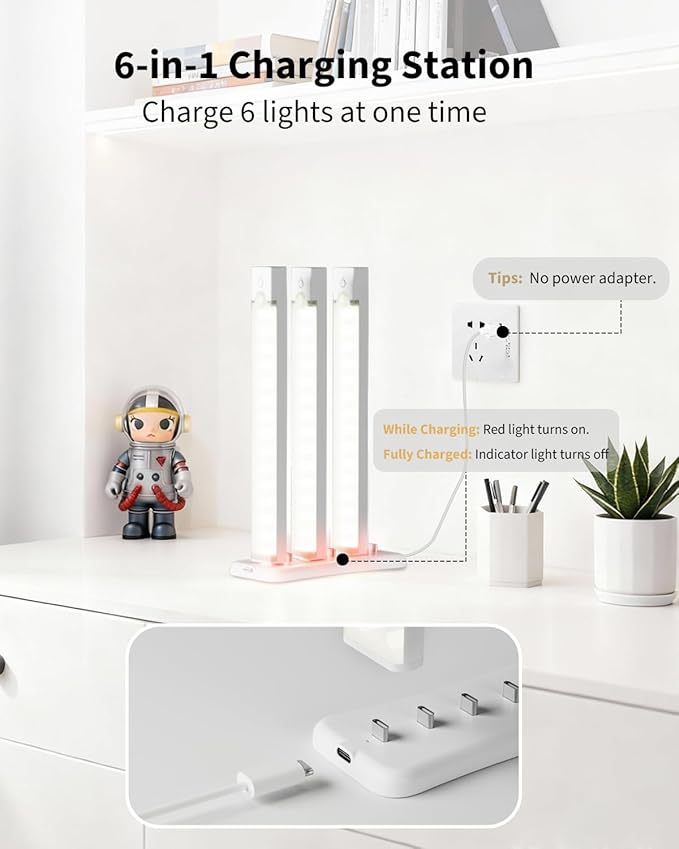 6-Pack 8-Inch Under Cabinet Lighting with Charging Station Rechargeable Motion Sensor Light Indoor 3 Color Dimmable Closet Light USB LED Magnetic Wireless Under Counter Lights for Kitchen Stair