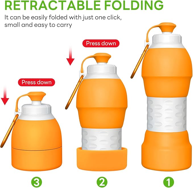 Collapsible Lightweight 20oz Water Bottle, Food-Grade Silicone BPA Free, Foldable Portable Leak Proof Office Travel Cycling Sports Outdoor Water Bottle with Vertical Hook (orange, long nozzle)