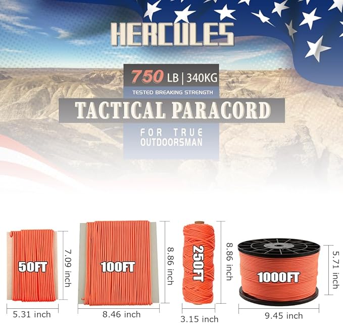 HERCULES 750lb Paracord 4mm 11 Strands Tactical Parachute Cord, 50' 100' 250' 1000' Utility Rope for Camping, Survival, Outdoor Gear (Neon Orange, 250FT)