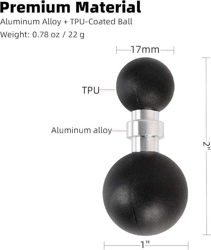 1" to 17mm (0.67") Ball Adapter, Compatible with RAM Mounts B Size Double Socket Arm, Suitable for Garmin GPS Mount and 17mm Swivel Ball Mounting Phone Holders