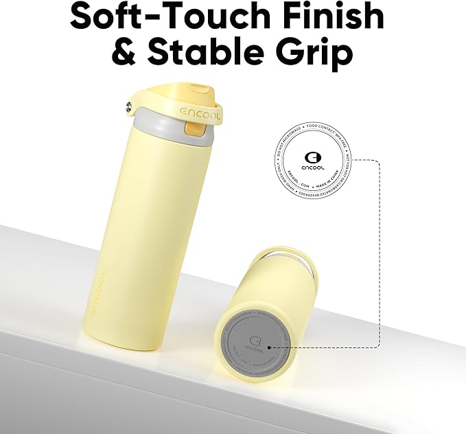 ENCOOL Leakproof Insulated Water Bottle with Straw Dual-Sip Water Bottle Bag-Safe Design for Work, Commute & Gym – Keeps Drinks Cold All Day, 18 oz, Butter Yellow