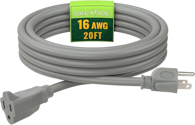 Indoor Outdoor Extension Cord 20 FT, 16/3 SJTW Weatherproof Grey Electrical Cords, 13 AMP Heavy Duty 3 Prong Power Cable Great for Garden, Landscaping & Holiday Decorations