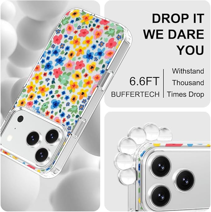 MOSNOVO for iPhone 17 Pro Case | Military Grade 6.6ft Drop Tested | Camera Control | Clear with Little Flowers Design