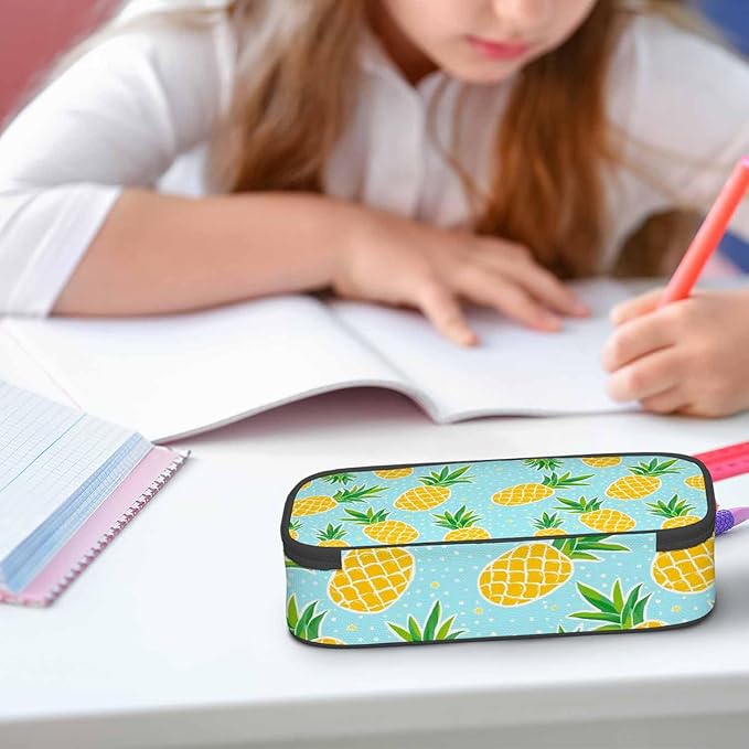 Pineapple Pencil Bag Tropical Fruit Exotic White Polka Dots Yellow Blue Big Capacity Pencil Case Pencil Pouch Pen Bag School Students Boy Girl