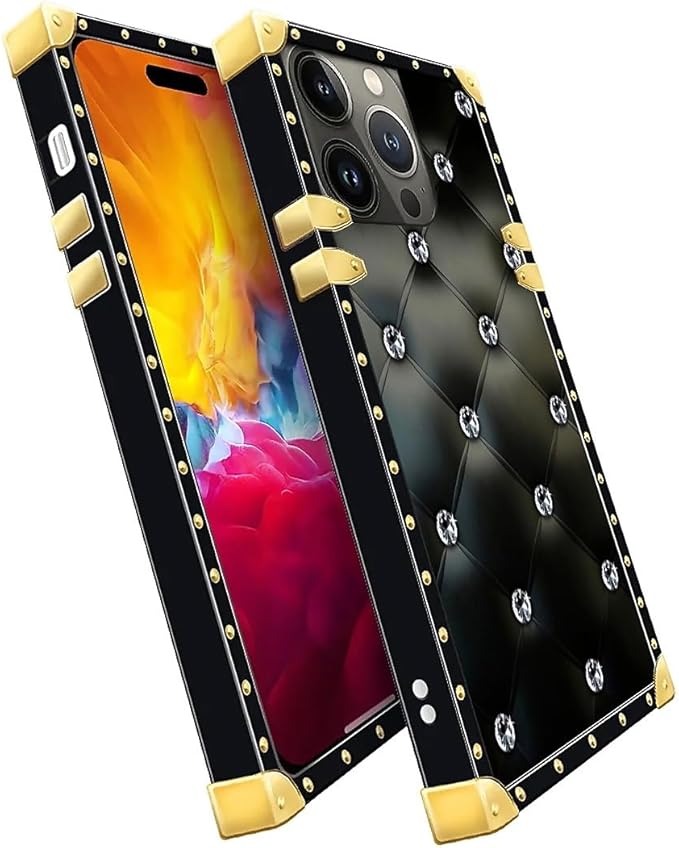 Compatible with iPhone 15 Pro Max Case, Shiny Black Sofa Crystal Luxury Golden Decoration for Girl Women Soft TPU Shockproof Protective Hard PC Back for iPhone 15 Pro Max