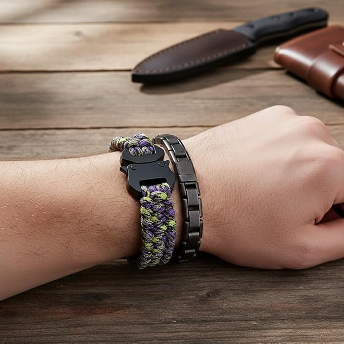 Parachute Cord Bracelets Trilobite Weaved Paracord Bracelet with Side Release Buckle 8.7 inch Black Bracelet for Men Women 1 Set