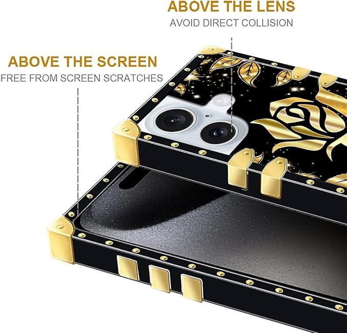 Compatible with iPhone 16 Plus Case, Shine Gold Rose Luxury Golden Decoration for Girl Women Soft TPU Shockproof Protective Hard PC Back for iPhone 16 Plus