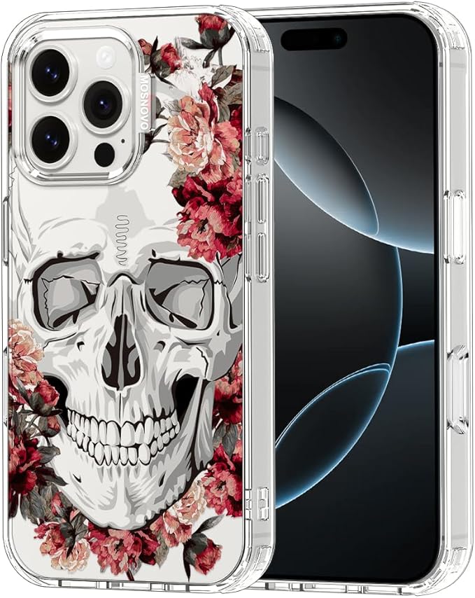 MOSNOVO Case for iPhone 16 Pro Max, [Buffertech 6.6ft Military-Grade Drop Protection] [Anti Peel Off Tech] Clear TPU Bumper Phone Case Cover Design - Red Flower Skull