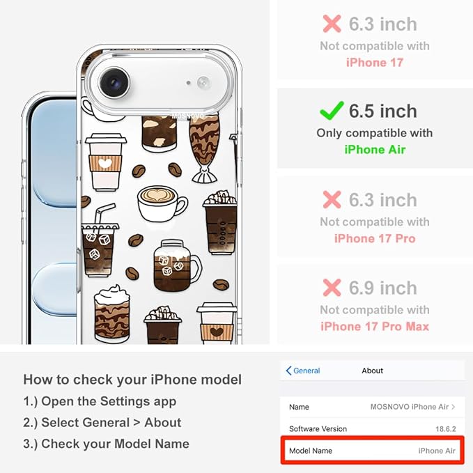 MOSNOVO for iPhone Air Case | Military Grade 6.6ft Drop Tested | Camera Control | Clear with Coffee Design