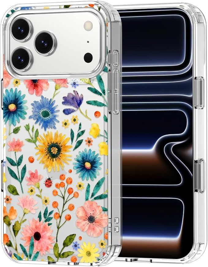 MOSNOVO for iPhone 17 Pro Max Case, Shockproof Military-Grade Protection 6.6ft Drop Tested, Camera Control, Clear Phone Case for iPhone 17 Pro Max, Wildflower Bloom Design