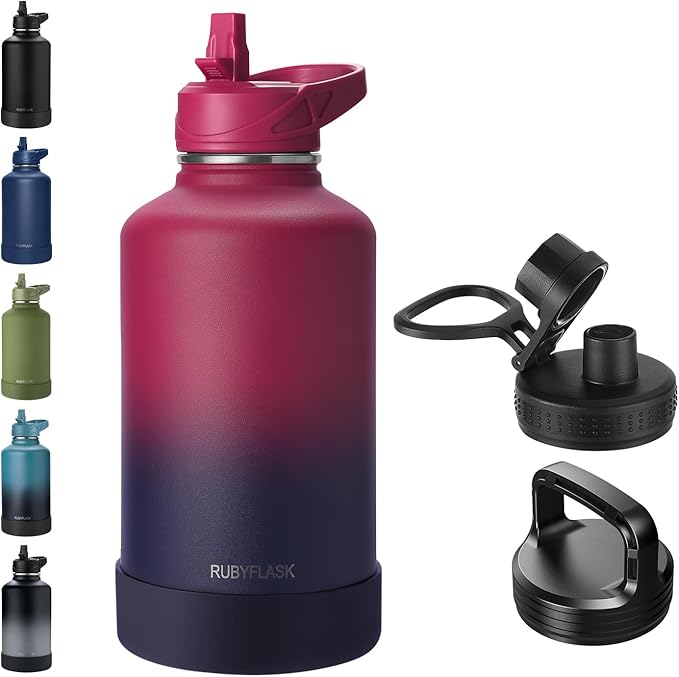 RUBYFLASK 64oz Insulated Water Bottle with Straw, Half Gallon Stainless Steel Vacuum Water Jug, Large Thermal Water Bottle Flask with Leakproof 3 Lids for Travel, Camping, Gym Sports Dark Rainbow