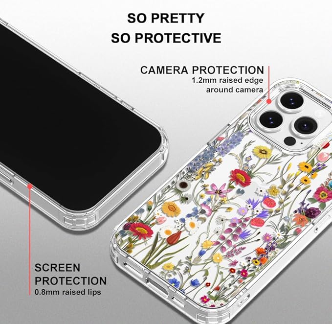 MOSNOVO Case for iPhone 13 Pro, [Buffertech 6.6ft Military-Grade Drop Protection] [Anti Peel Off Tech] Clear TPU Bumper Phone Case Cover Design - Wildflower Meadow