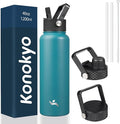 Konokyo 40oz Insulated Water Bottle Stainless Steel Sport Bottles with 3 Lids,Light Blue