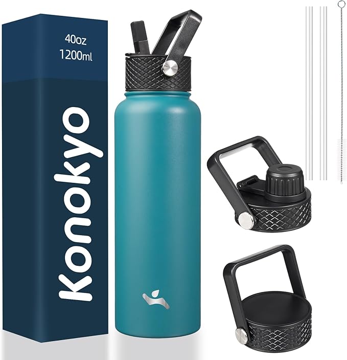 Konokyo 40oz Insulated Water Bottle Stainless Steel Sport Bottles with 3 Lids,Light Blue