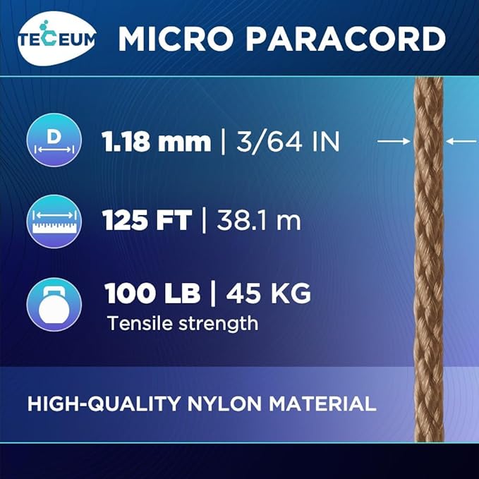TECEUM Micro Paracord – 1.18 mm X 125 ft – Micro Utility Cord – Thin Braided Paracord Rope – Best for Crafting, DIY Projects, Fishing, Camping – Wind Chime Replacement – Survival Strong String