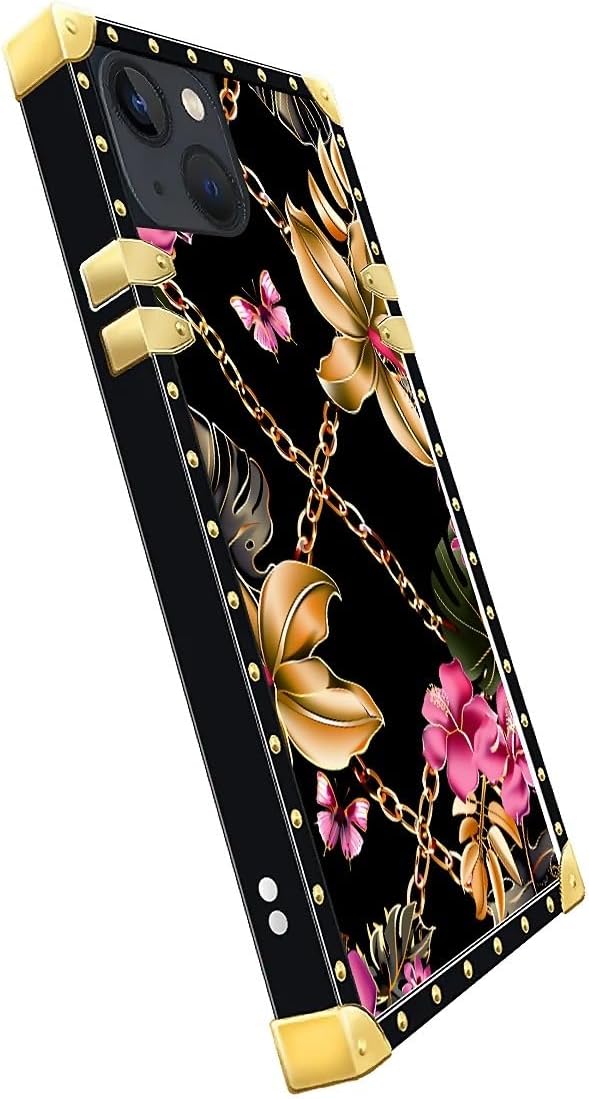 Compatible with iPhone 14 Case, Pink Golden Chain Tropical Flower Luxury Golden Decoration for Girl Women Soft TPU Shockproof Protective Hard PC Back for iPhone 14