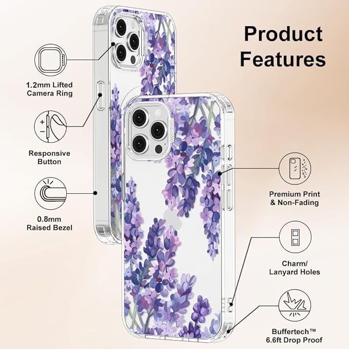 MOSNOVO Case for iPhone 12 & iPhone 12 Pro, [Buffertech 6.6ft Military-Grade Drop Protection] [Anti Peel Off Tech] Clear TPU Bumper Phone Case Cover Design - Lavender