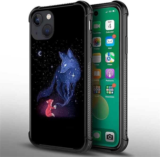 for iPhone 14 Plus Case, Galaxy Fox Wolf Pattern Graphic Design Girl Boy Soft Silicone Hard Acrylic Shock Protection for iPhone 14 Plus