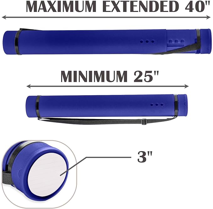 JJRING Blue Poster Tube, 25" to 40" Extendable Poster Storage Holder Tube with Carrying Strap, Poster Carrying Case for Blueprints, Scrolls, Maps and Architect Papers
