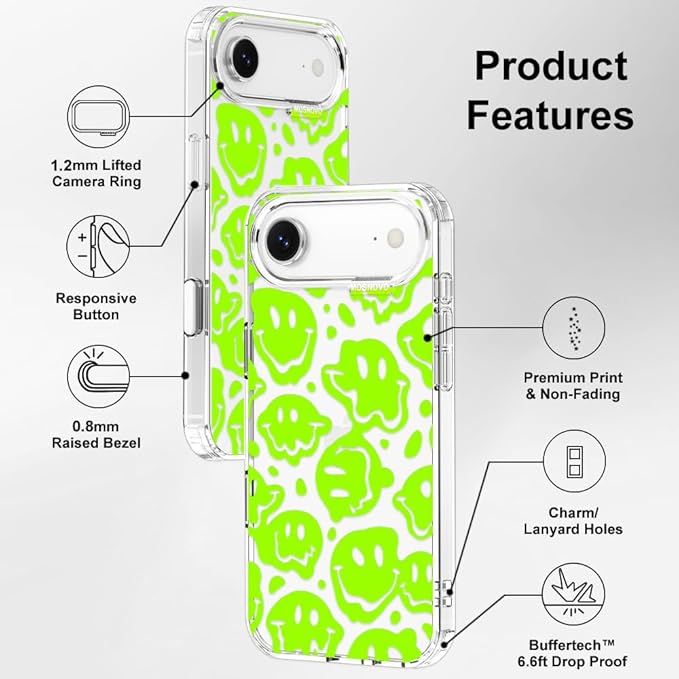 MOSNOVO for iPhone Air Case | Military Grade 6.6ft Drop Tested | Camera Control | Clear with Distorted Green Smiles Face Design