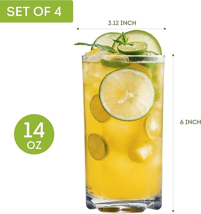 Lily's Home Unbreakable Highball Tumblers, Made of Shatterproof Tritan Plastic and Ideal for Indoor and Outdoor Use, Reusable (14oz each, Set of 4)