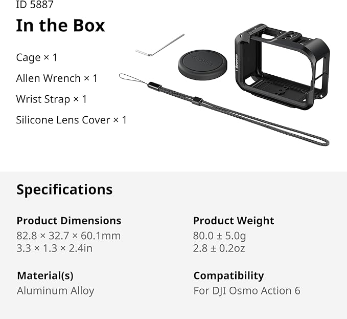 SmallRig Cage for DJI Osmo Action 6 (Advanced Edition), Aluminum Alloy Camera Cage with Cold Shoe, Wrist Strap, Lens Cover, Protective Frame with 1/4"-20 Locating Holes, Action 6 Accessories - 5887