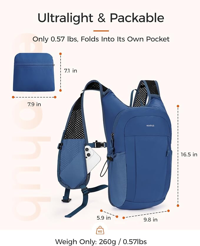 ECOHUB 15L Lightweight Packable Hiking Backpack for Travel, Small Daypack with Chest Strap & Phone Pocket, Water Resistant Foldable Backpack for Men Women