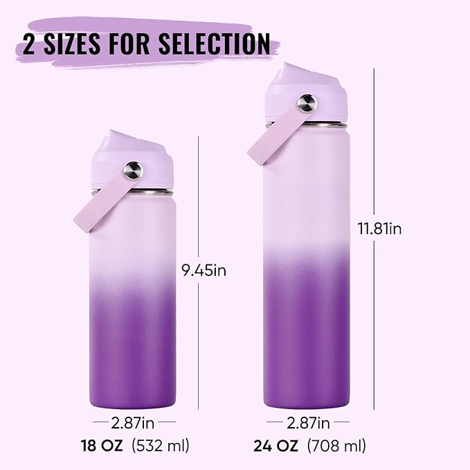 Fijinhom 24oz Insulated Stainless Steel Water Bottle, Wide Mouth Double Wall Vacuum, Silicone Straw, Sweat & Leak Proof, BPA Free Insulated Water Flask for Travel, Purple Gradient
