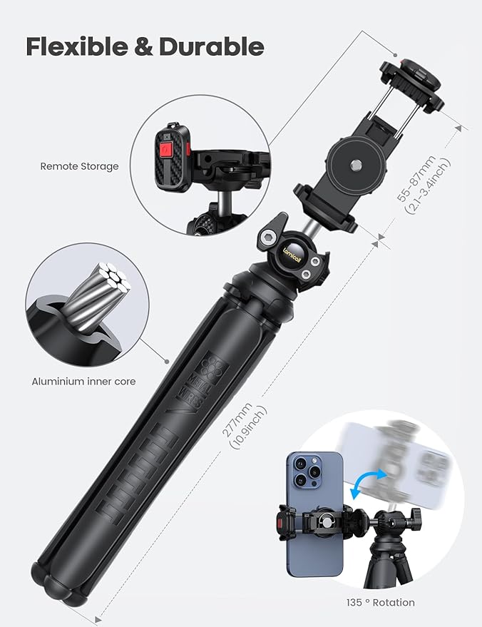 Lamicall Tripod for Camera - 3 in 1 Flexible Tripod for iPhone with Wireless Remote - iPhone Stand for Video Recording Vlogging Compatible with Smartphone, Small Digital Camera Dark Grey