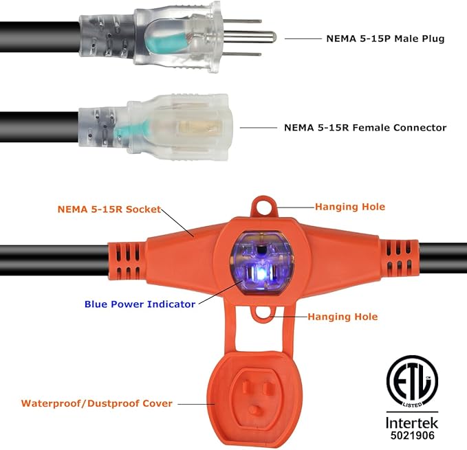 30 FT Outdoor Extension Cord with Multiple Outlets, Evenly Spaced 6 Outlets Plugs with Safety Cover, 16/3 SJTW Weatherproof Multiple Outlets Wire for Landscape/Christmas Tree Lights,ETL Listed, Black