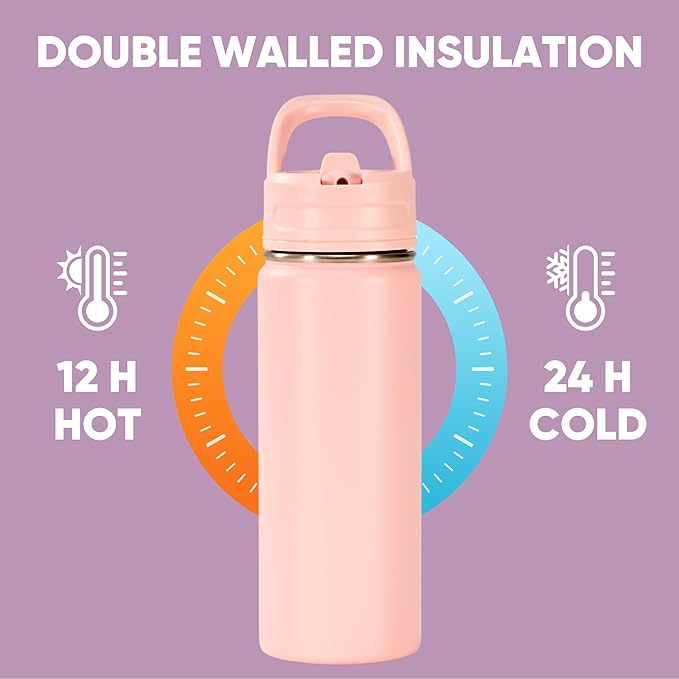 Fijinhom 18oz Insulated Stainless Steel Water Bottle with Straws, Double Wall Vacuum Insulated Bottles, Metal Thermo for Travel, Sports, Leak-Proof, BPA Free, Women & Men, Pink