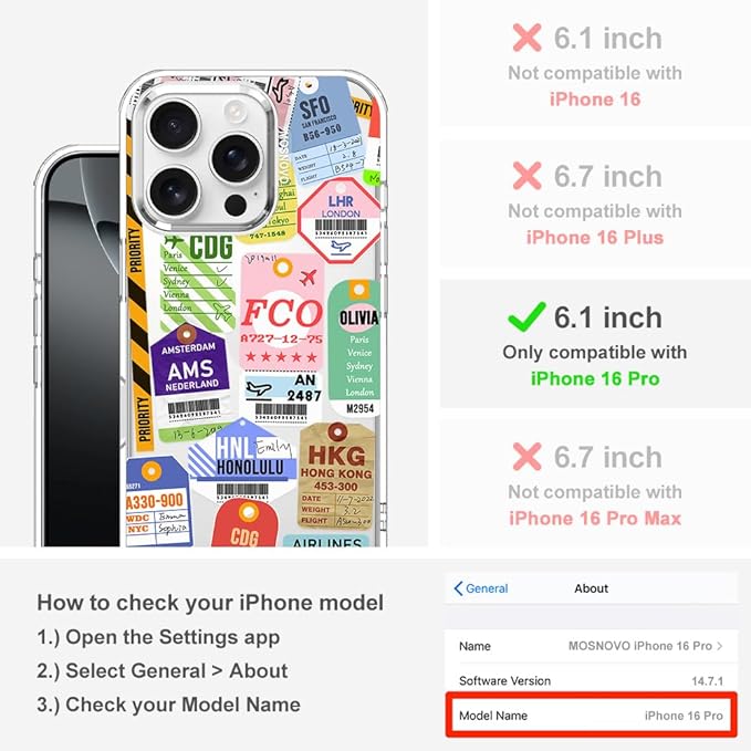 MOSNOVO Case for iPhone 16 Pro, [Buffertech 6.6ft Military-Grade Drop Protection] [Anti Peel Off Tech] Clear TPU Bumper Phone Case Cover Design - Air Ticket Labels
