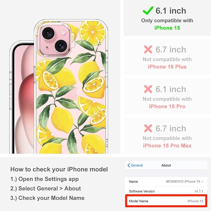 MOSNOVO Case for iPhone 15, [Buffertech 6.6ft Military-Grade Drop Protection] [Anti Peel Off Tech] Clear TPU Bumper Phone Case Cover Design - Lemon