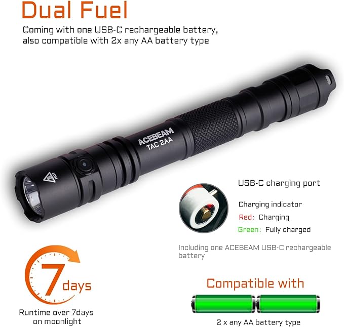 ACEBEAM TAC 2AA EDC Tactical Dual Modes Flashlight Rechargeable, 1600 High Lumens Flashlight, Dual Switch Pocket LED Flashlight, Super Bright Small Flash Light for Emergency, Camping, Home