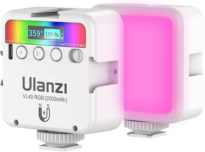 ULANZI VL49 RGB Video Lights White, LED Camera Light 360° Full Color Portable Photography Lighting w 3 Cold Shoe, 2000mAh Rechargeable CRI 95+ 2500-9000K Lamp Support Magnetic Attraction