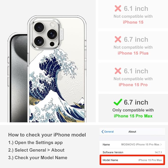 MOSNOVO Case for iPhone 15 Pro Max, [Buffertech 6.6ft Military-Grade Drop Protection] [Anti Peel Off Tech] Clear TPU Bumper Phone Case Cover Design - Great Wave