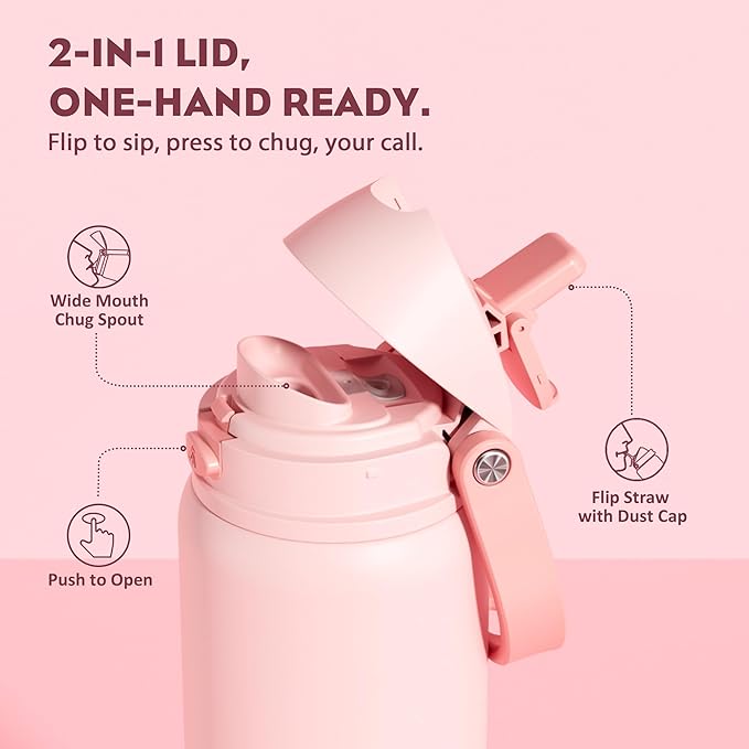 POWCAN 32 oz Insulated Water Bottle for Travel: 2-in-1 Lid with Push-Button Spout & Quick-Flip Straw, Leakproof, Keep Cold 24Hrs, Vacuum Stainless Steel for Travel, Trip, Hiking, Sport (Cotton Candy)