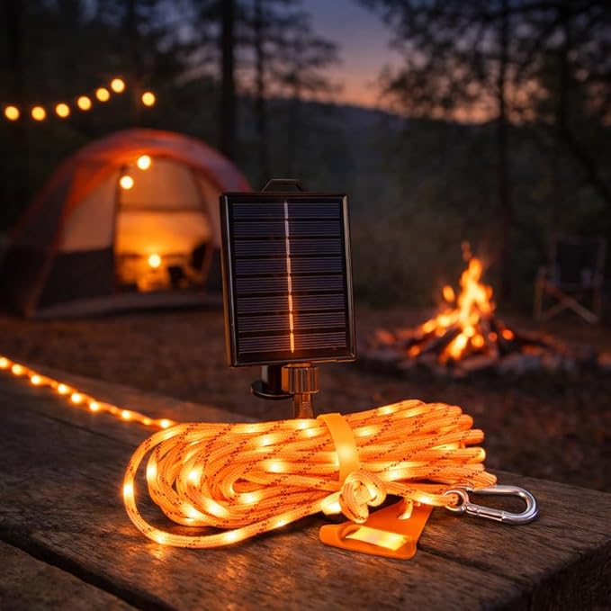 Solar Luminous Paracord Rope, 23ft Solar-Powered Orange Glow Rope with Remote, 8 Lighting Modes + Timer, 500 mAh Battery, IP66 Waterproof for Outdoor Camping