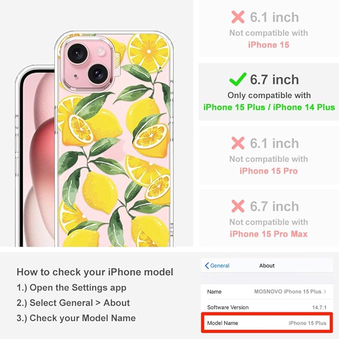 MOSNOVO Case for iPhone 15 Plus/iPhone 14 Plus, [Buffertech 6.6ft Military-Grade Drop Protection] [Anti Peel Off Tech] Clear TPU Bumper Phone Case Cover Design - Lemon