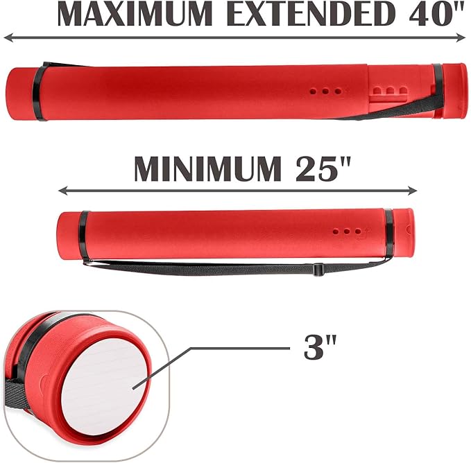 JJRING Red Poster Tube, 25" to 40" Extendable Poster Storage Holder Tube with Carrying Strap, Poster Carrying Case for Blueprints, Scrolls, Maps and Architect Papers