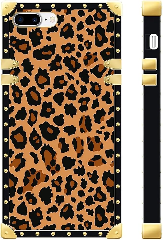 Compatible with iPhone 8 7 SE Case, Brown Leopard Texture Luxury Golden Decoration for Girl Women Soft TPU Shockproof Protective Hard PC Back for iPhone 8 7 SE
