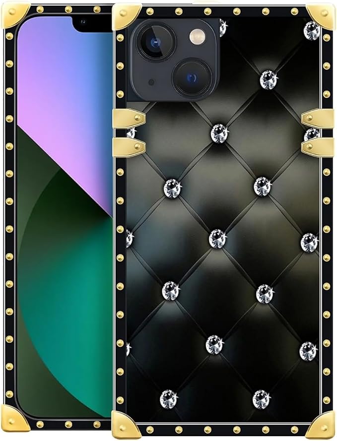 Compatible with iPhone 13 Case, Shiny Black Sofa Crystal Luxury Golden Decoration for Girl Women Soft TPU Shockproof Protective Hard PC Back for iPhone 13