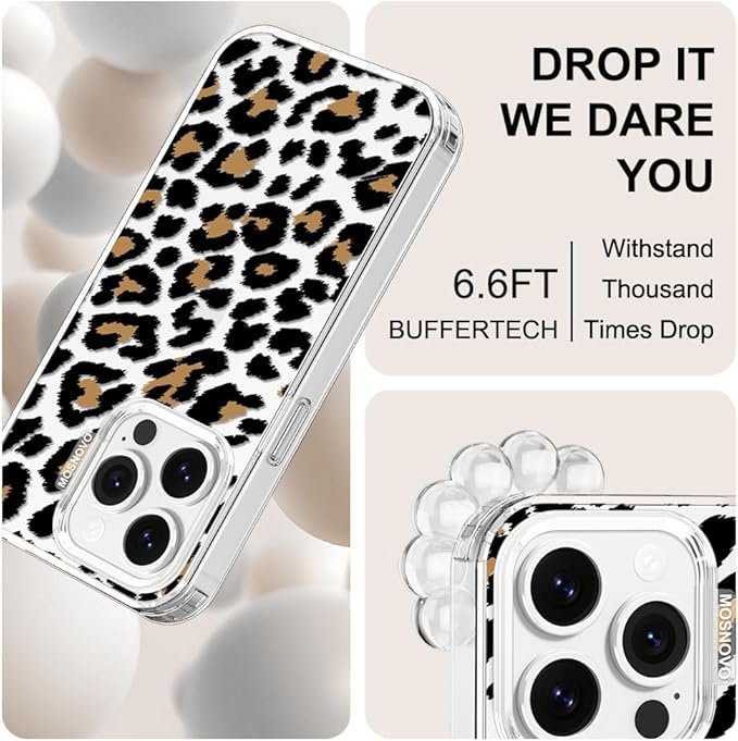 MOSNOVO Case for iPhone 14 Pro, [Buffertech 6.6ft Military-Grade Drop Protection] [Anti Peel Off Tech] Clear TPU Bumper Phone Case Cover Design - Leopard Print