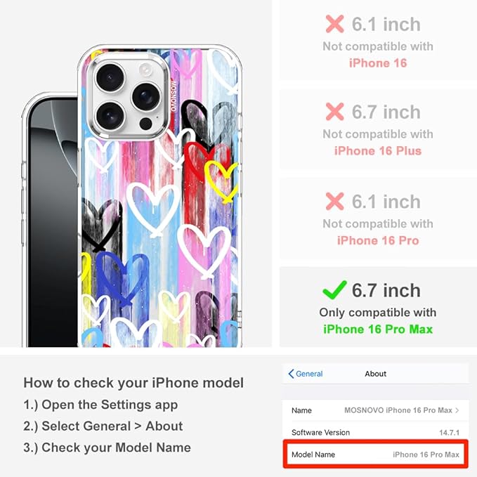 MOSNOVO for iPhone 16 Pro Max Case, Shockproof Military-Grade Protection 6.6ft Drop Tested, Clear Phone Case for iPhone 16 Pro Max, Graffiti Hearts Design