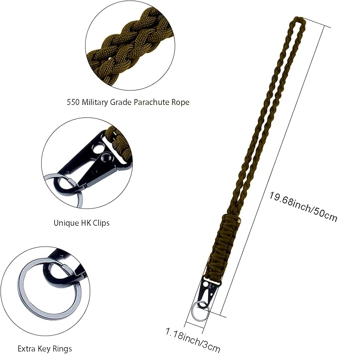 Heavy Duty Braided 550 Paracord Neck Lanyard Keychain for Men Women Outdoor Survival, Parachute Rope Necklace Keychains with HK Clip Key Ring for ID Card Badge Holder, Camera, Wallet and Keys (Army